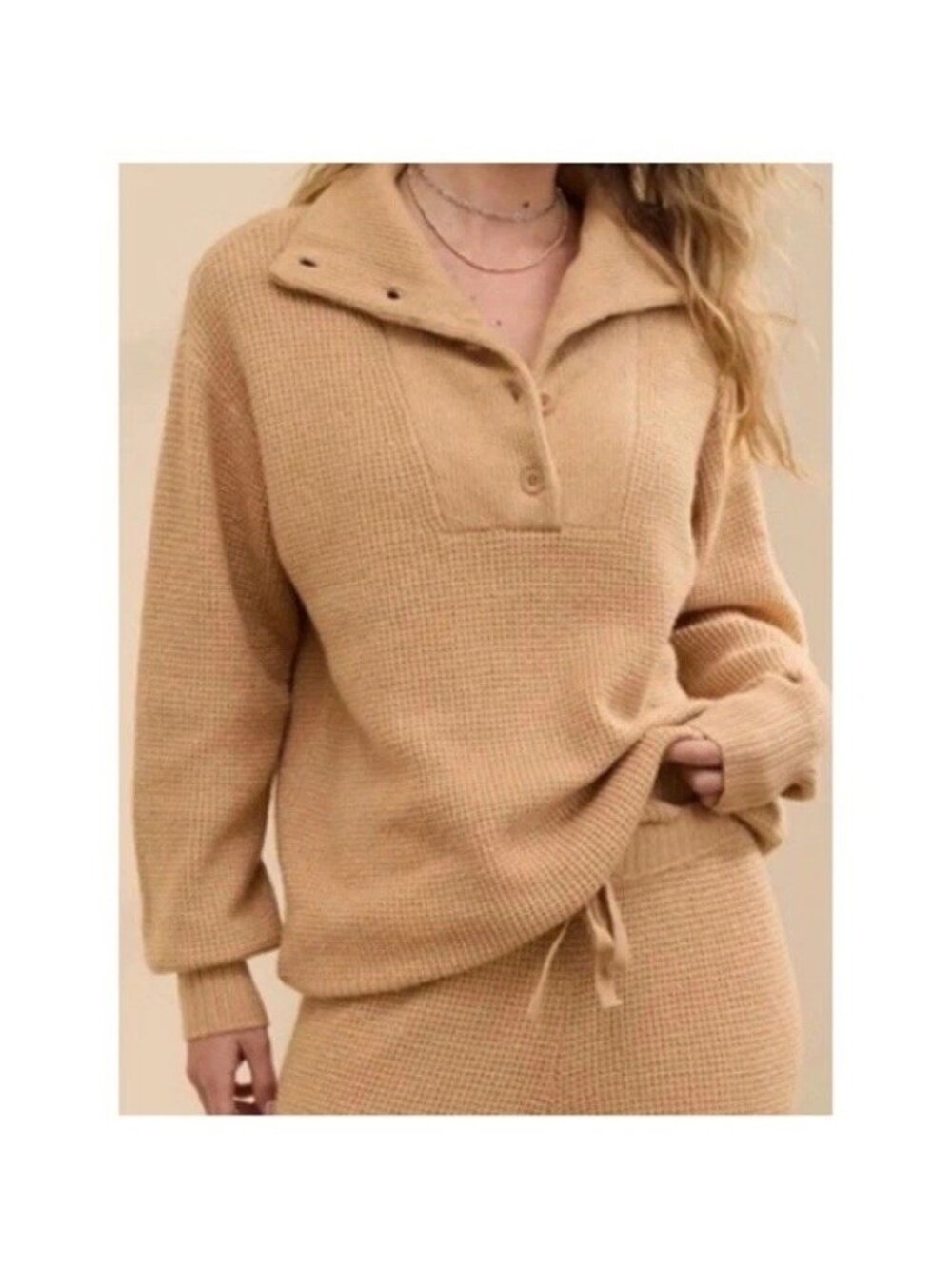 Aerie Oversized Cozy Up Waffle Button Sweater Women’s Size XS Color Tan Beige - Picture 1 of 16